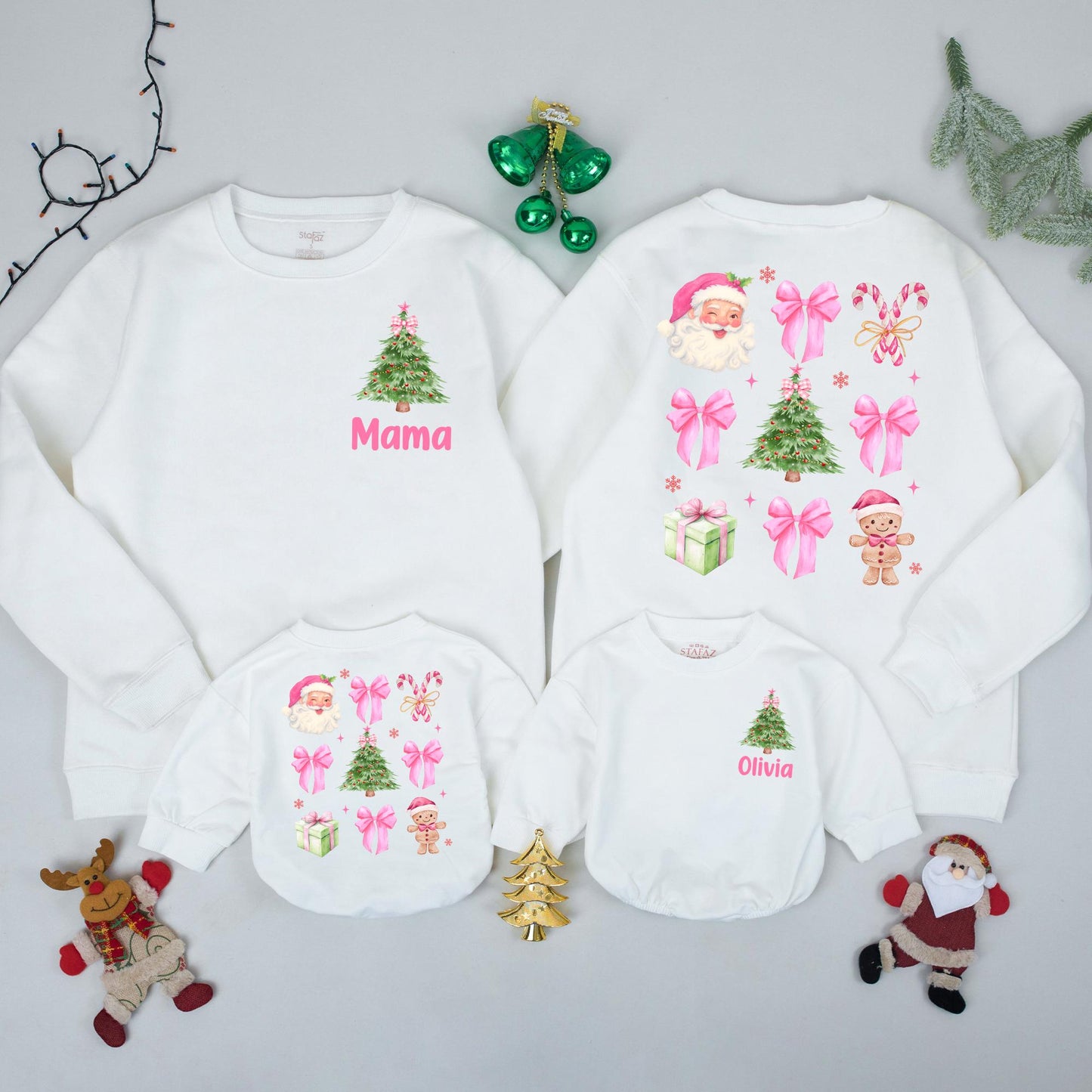 Personalized Mama Christmas Sweatshirt, Matching Xmas Family Outfits, Custom Name Olivia Holiday Sweaters, Pink Green Watercolor Tree, Baby's First Xmas Gift