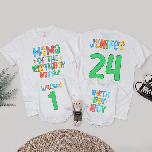 Birthday Boy Family Matching Shirts Mama of Birthday Boy Jenifer 24 Colorful Cartoon Style Fun Celebration Outfits