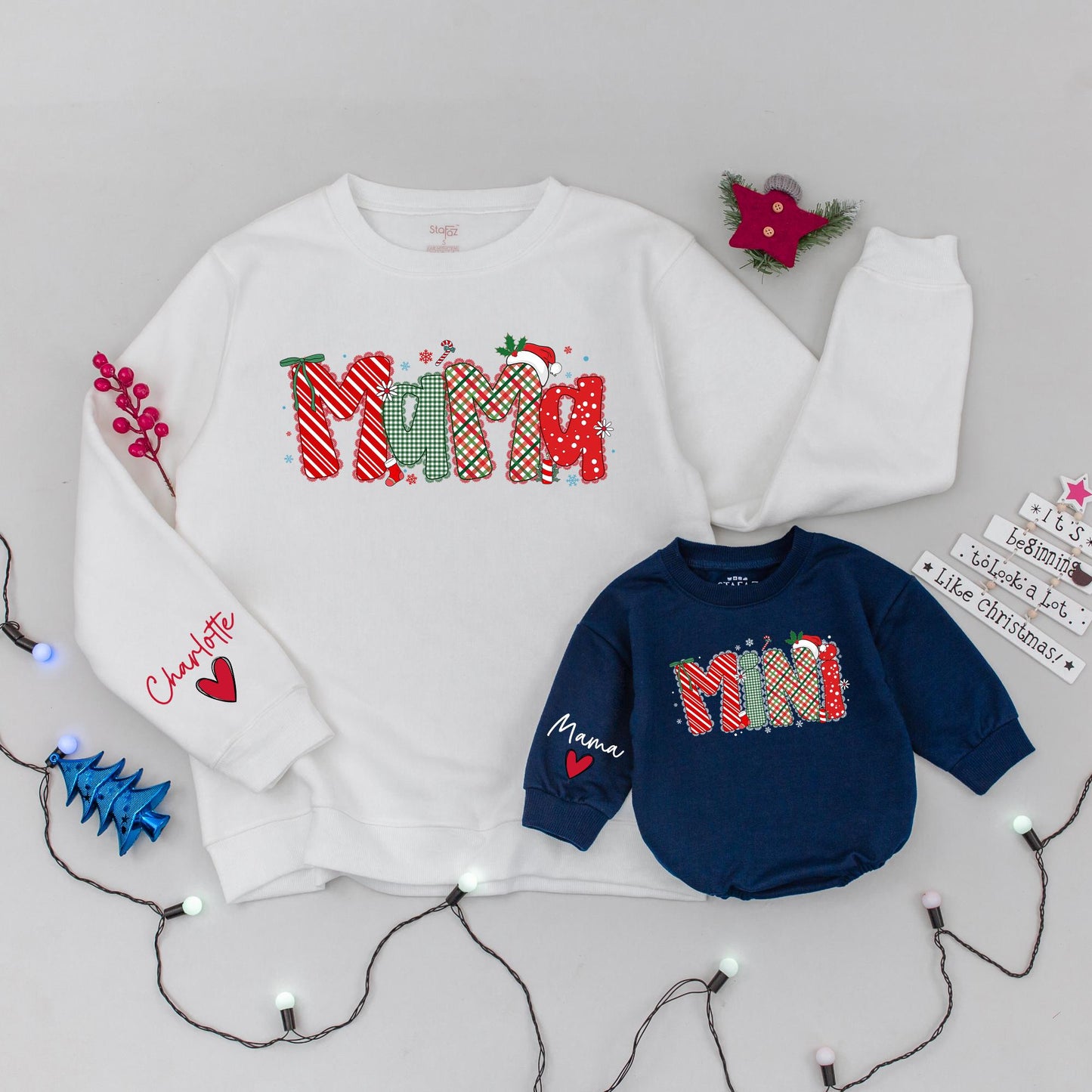 Matching Mama Mini Christmas Sweatshirts, Personalized Family Holiday Sweaters, Red & Green Festive Design, Xmas Gift