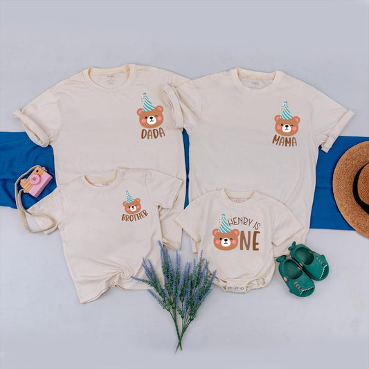 Matching Family Bear Birthday Shirts with Playful Brown Teal White Cartoon Design, First 1st Birthday Party Outfits for Mom Dad Baby