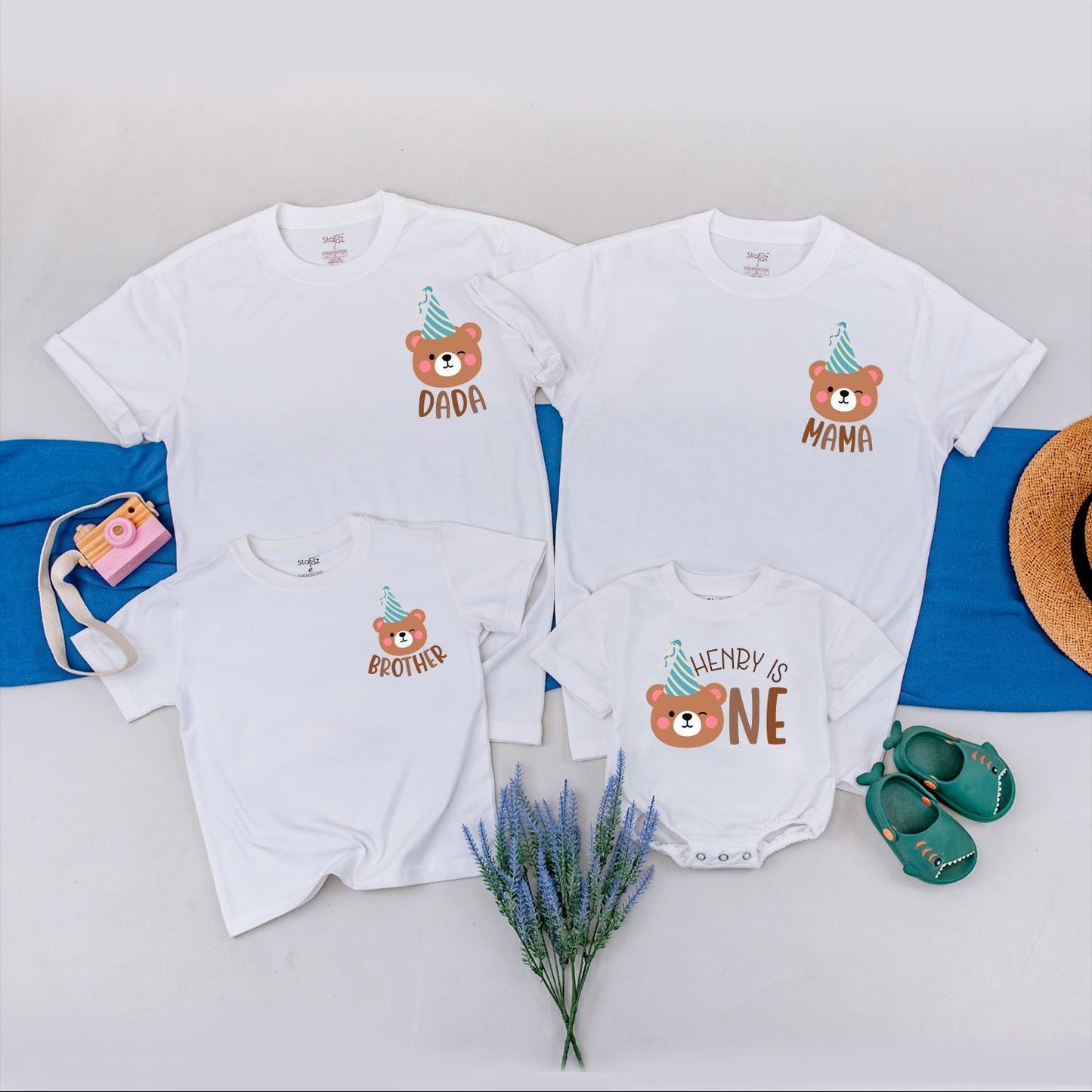 Matching Family Bear Birthday Shirts with Playful Brown Teal White Cartoon Design, First 1st Birthday Party Outfits for Mom Dad Baby