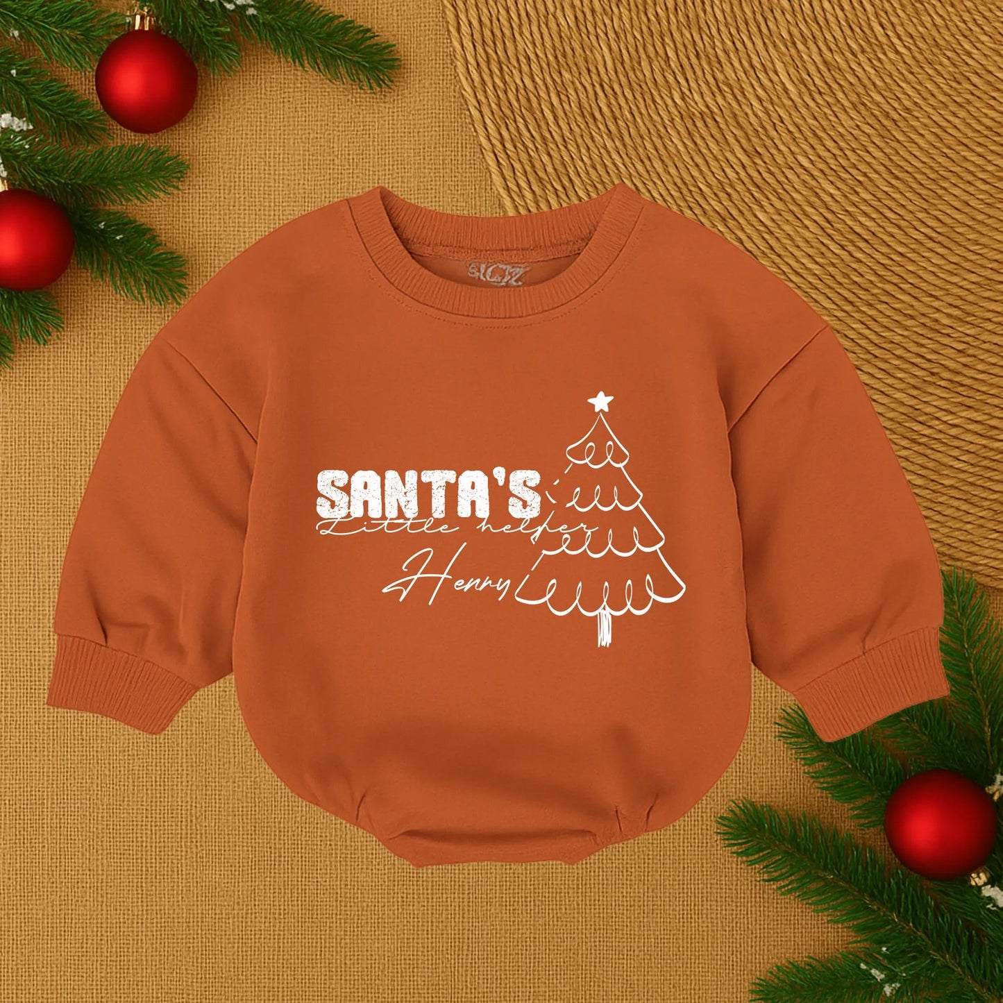 Santa's Little Helper Christmas Baby Romper, Bodysuit, or Outfit - Red Text & Green Tree Design, Custom Name Baby Shower Gift