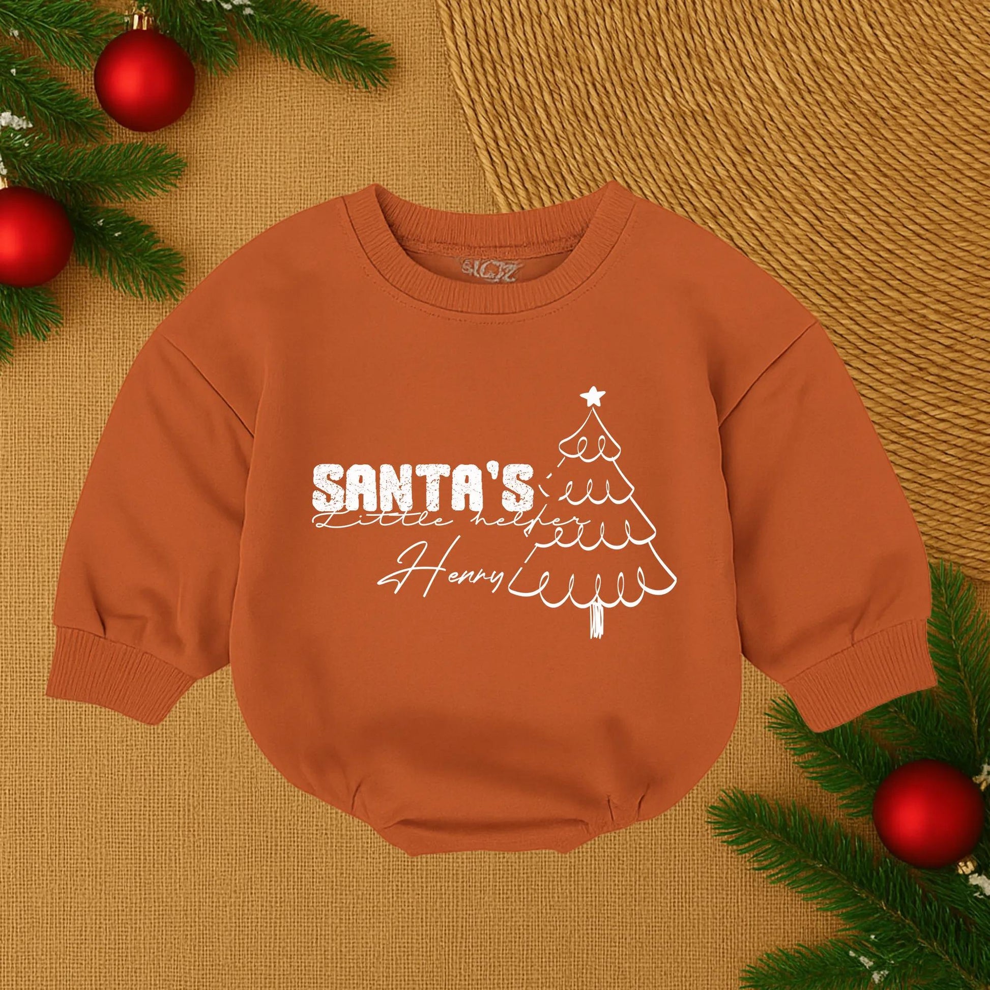 Santa's Little Helper Christmas Baby Romper, Bodysuit, or Outfit - Red Text & Green Tree Design, Custom Name Baby Shower Gift