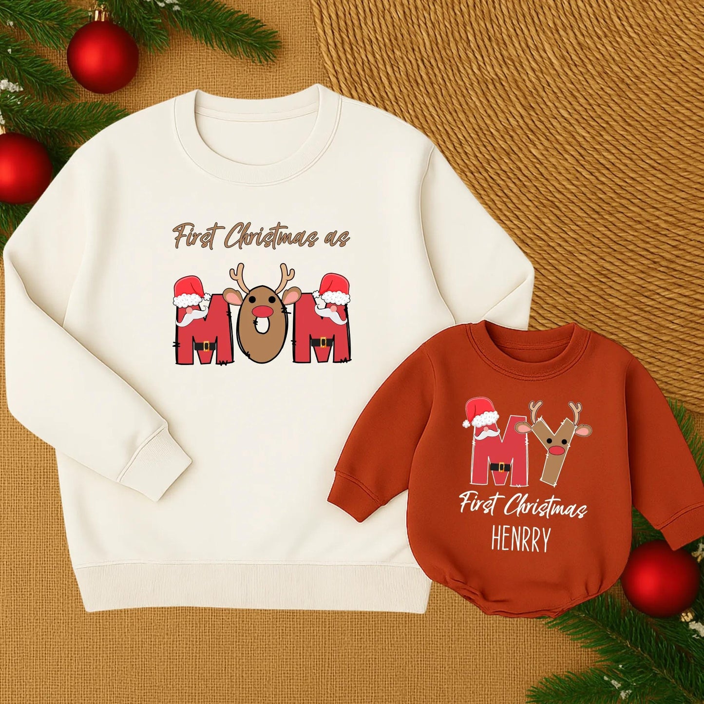 First Christmas as Dad Matching Family Sweatshirt Red Brown White Reindeer Santa Hat Graphics Custom Name Holiday Gift Cozy Festive Fun