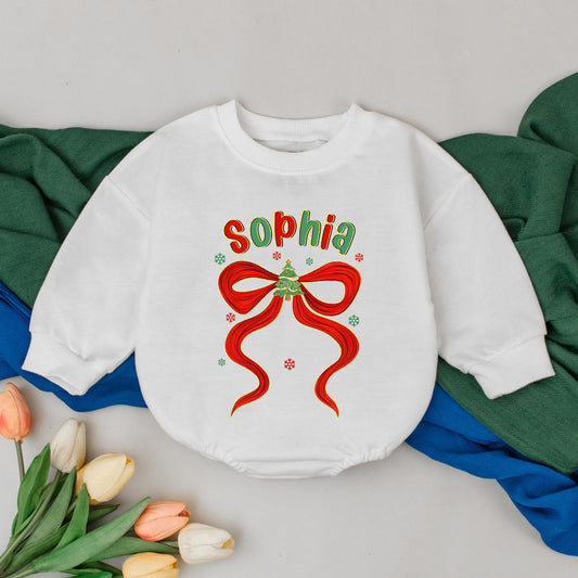 Sophia Personalized Girly Christmas Romper Red Bow First Christmas Outfit Custom Name Baby Xmas Clothes Shower Gift