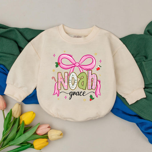 Noah Grace Personalized Romper, Pink Bow Baby Girl First Christmas Outfit, Whimsical Holiday Bodysuit, Cute Newborn Gift, Custom Name Bodysuit (139 chars)
