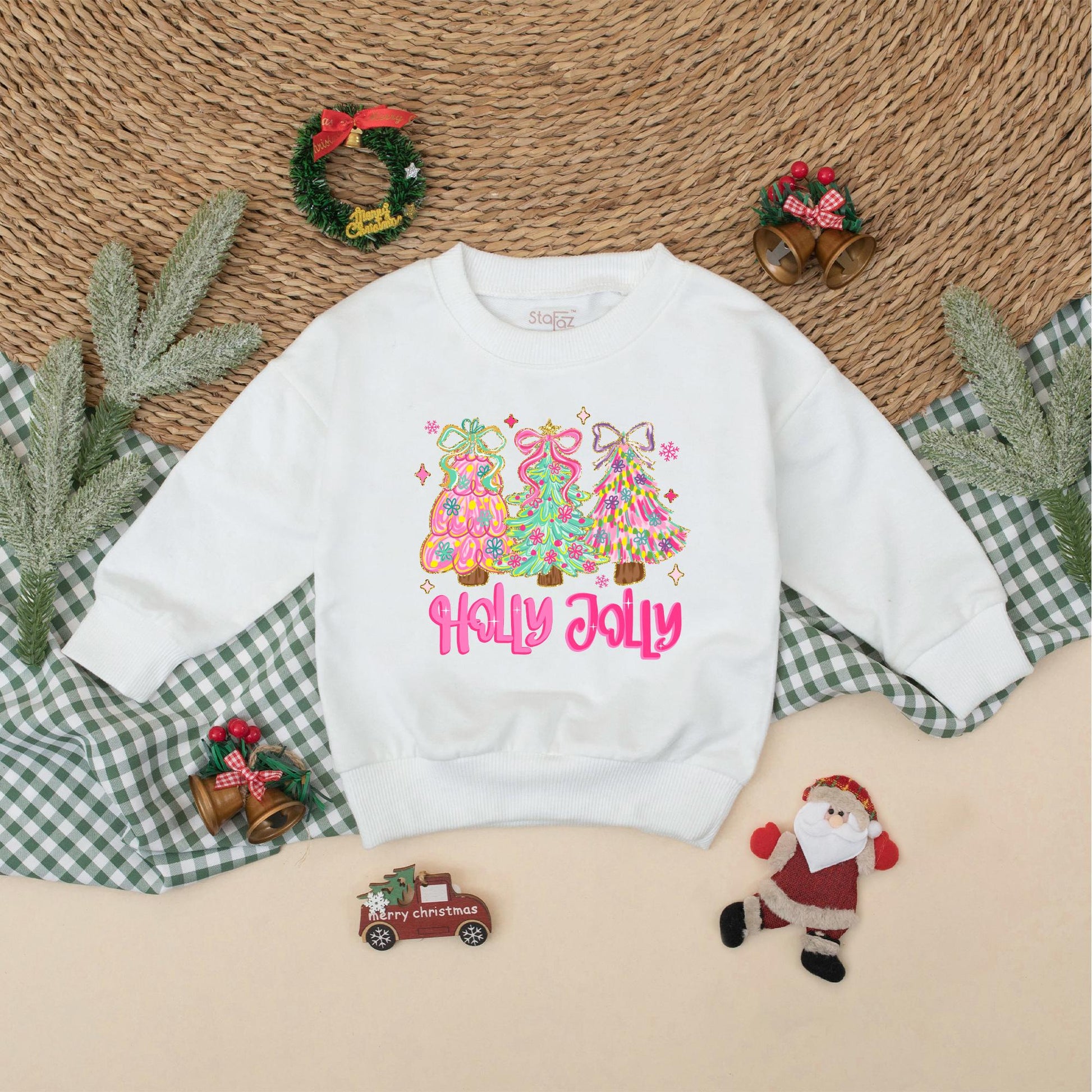 Holly Jolly Christmas Baby Girl Bubble Romper Whimsical Pastel Trees Floral Holiday Infant Bodysuit My First Xmas Outfit Festive Gift
