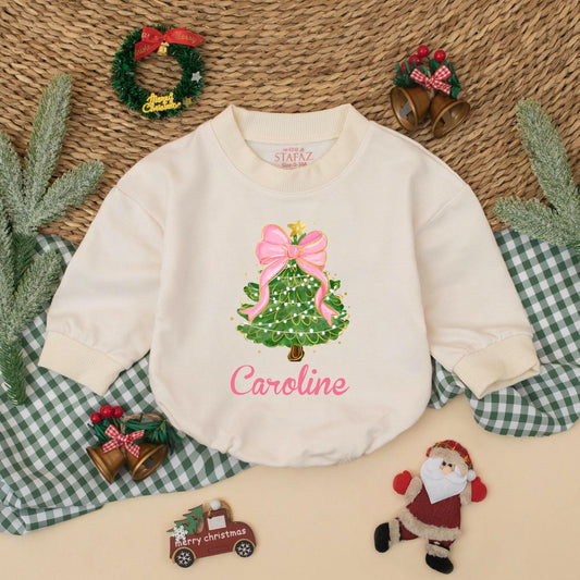 Caroline's Christmas Tree Romper, Pink Bow Holiday Outfit, Baby Girl Xmas Clothes, Cute Festive Design, Personalized First Christmas Gift, Toddler Clothes