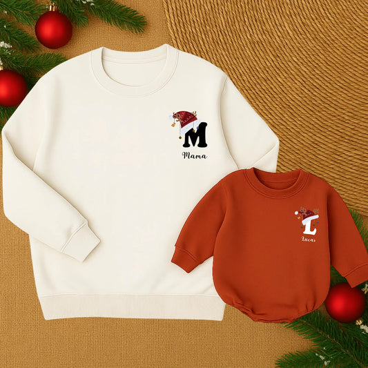 Custom Christmas Matching Family Sweatshirts with Personalized Santa Hat Reindeer Antlers Initial Name Design Playful Holiday Comfort Gift