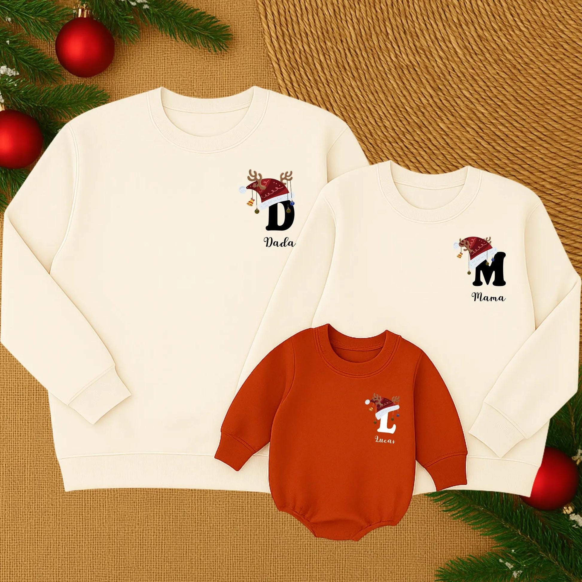 Custom Christmas Matching Family Sweatshirts with Personalized Santa Hat Reindeer Antlers Initial Name Design Playful Holiday Comfort Gift