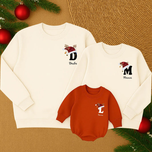 Custom Christmas Matching Family Sweatshirts with Personalized Santa Hat Reindeer Antlers Initial Name Design Playful Holiday Comfort Gift
