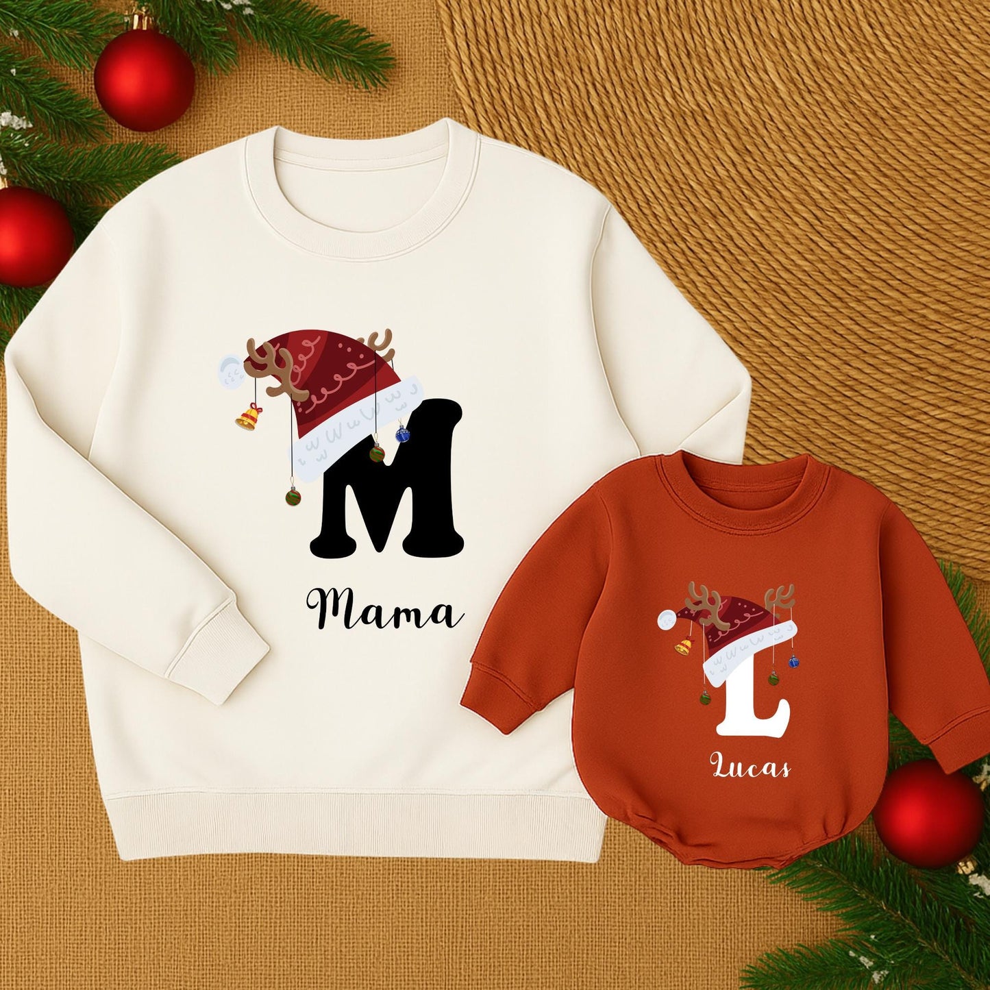 Matching Family Christmas Shirts with Santa Hat Letter & Name Personalized Holiday Sweatshirt Mama Dada Lucas Gift