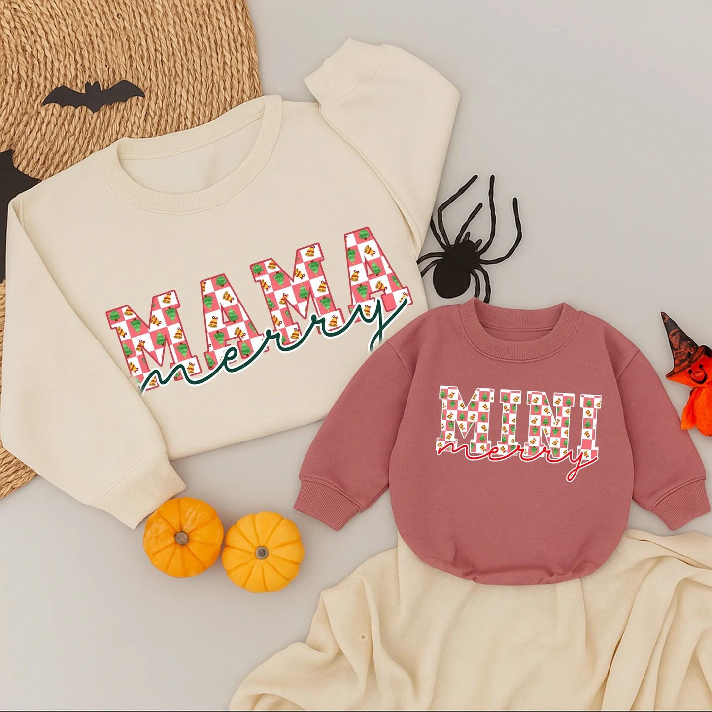 Matching Mama Mini Christmas Sweatshirt: Merry Red & White Check, Tree & Bell Design, Festive Mommy and Me Holiday Outfit, Cozy Matching Family Sweaters