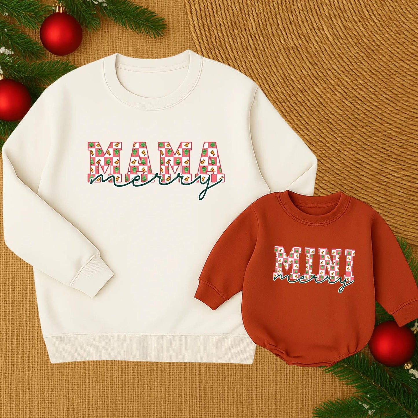 Matching Mama Mini Christmas Sweatshirt: Merry Red & White Check, Tree & Bell Design, Festive Mommy and Me Holiday Outfit, Cozy Matching Family Sweaters