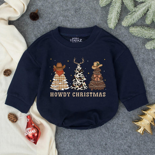 Howdy Christmas Baby Romper Western Cowboy Holiday Outfit Cow Print Plaid Pine Toddler Gift