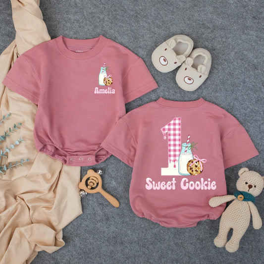 Personalized Sweet Cookie One Baby Romper for Girls Birthday Celebration Pink Gingham Custom Name Outfit