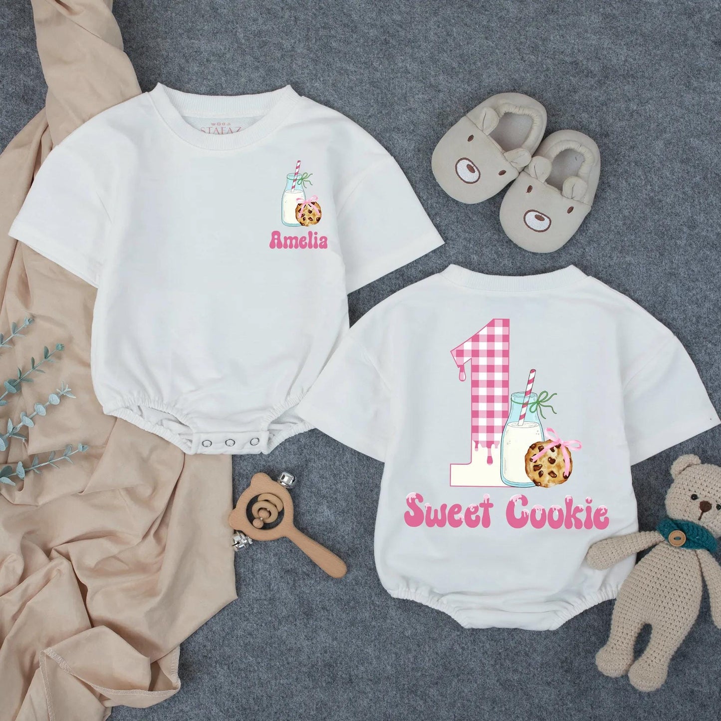 Personalized Sweet Cookie One Baby Romper for Girls Birthday Celebration Pink Gingham Custom Name Outfit