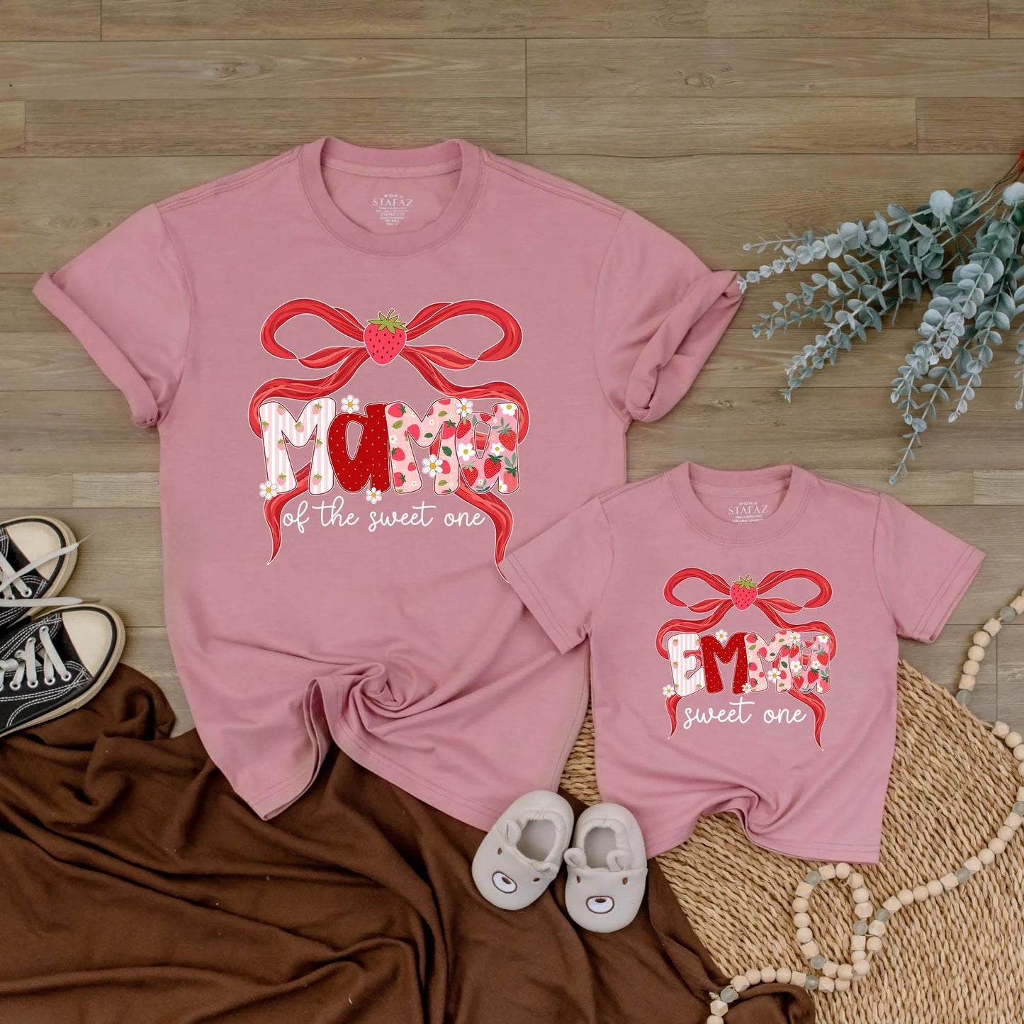 Sweet One Strawberry Birthday Family Shirts: Matching Red Ribbon Berry First Birthday Outfit for Mom, Dad, Emma & Baby. Whimsical Celebration, Cotton Soft (137)