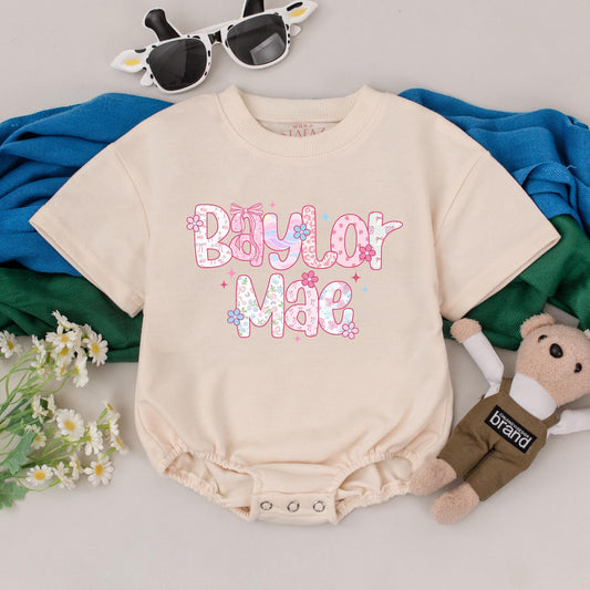 Personalized Baylor Mae Baby Romper, Whimsical Floral Bodysuit, Custom Name Outfit for First Birthday Girl, Cheerful Baby Shower Gift Idea (135 chars)