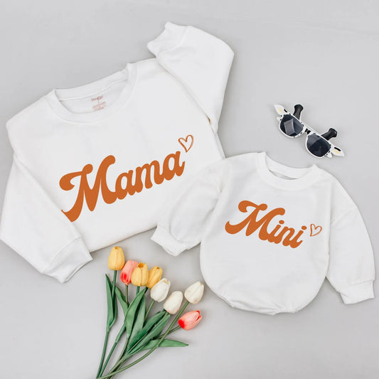 Retro Mama and Mini Matching Sweatshirt Set, Cozy Mom & Baby Outfit, Brown Cursive Text, Heart Detail, Family Gift, Minimalist Style, Comfy Matching Tee (137)