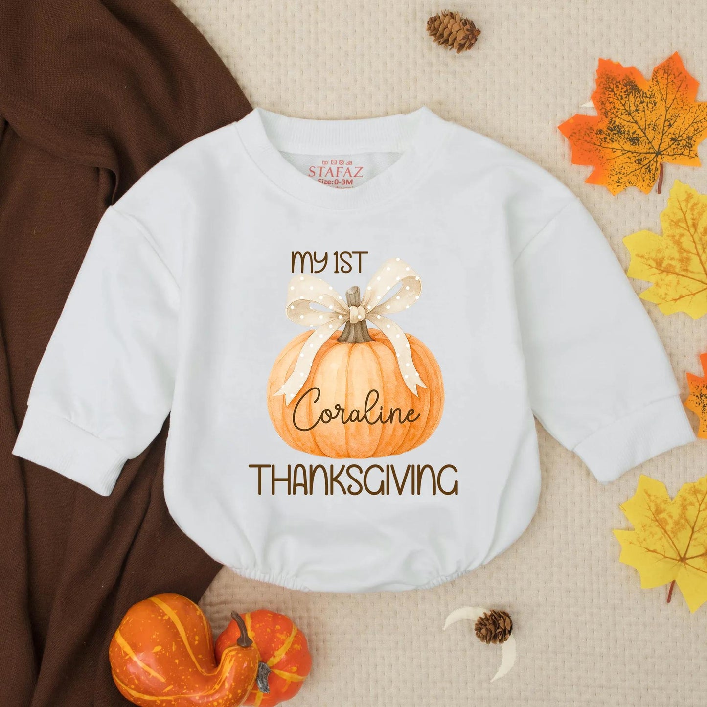Personalized Baby Girl My 1st Thanksgiving Romper with Watercolor Pumpkin Bow Custom Name Fall Newborn Infant Outfit Sweet Gift
