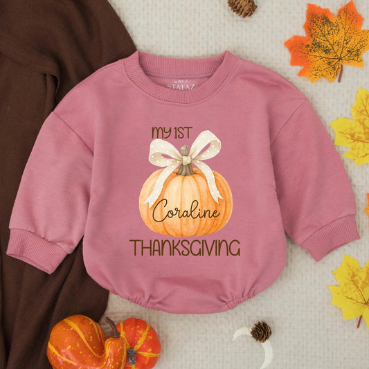 Personalized Baby Girl My 1st Thanksgiving Romper with Watercolor Pumpkin Bow Custom Name Fall Newborn Infant Outfit Sweet Gift