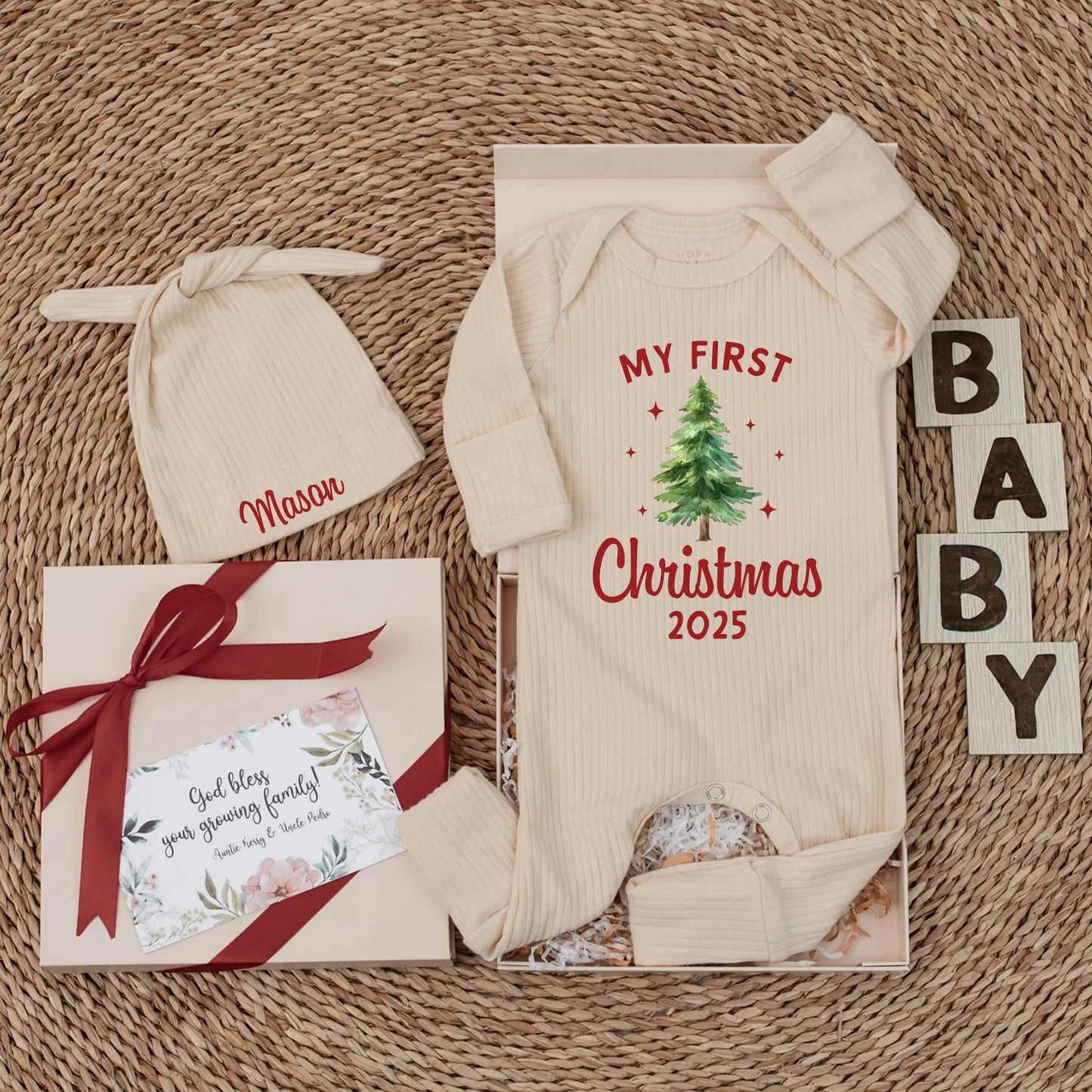 My First Christmas 2025 Baby Bodysuit, Cute Xmas Tree Design, Red "MY FIRST" & Year Print, Newborn Xmas Gift, Gender Neutral