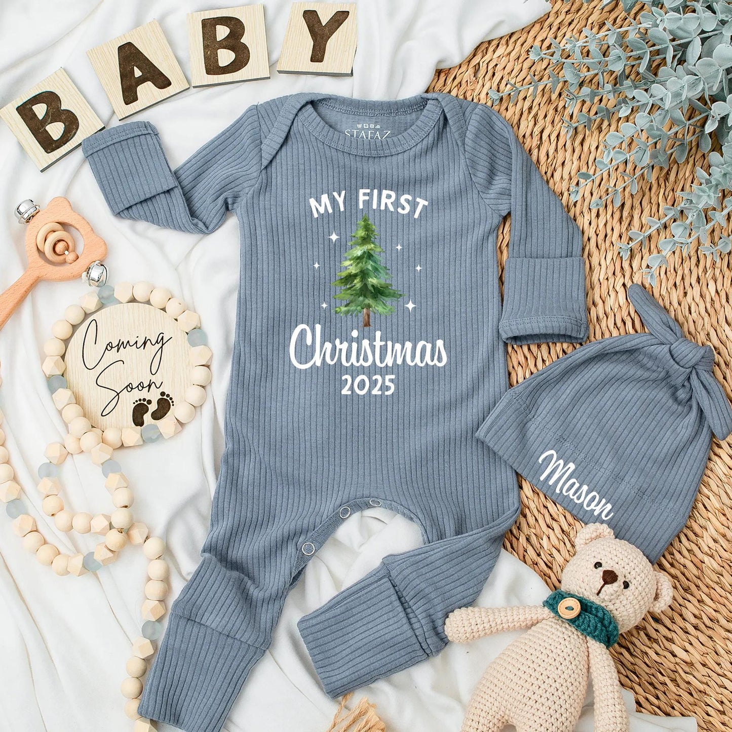 My First Christmas 2025 Baby Bodysuit, Cute Xmas Tree Design, Red "MY FIRST" & Year Print, Newborn Xmas Gift, Gender Neutral