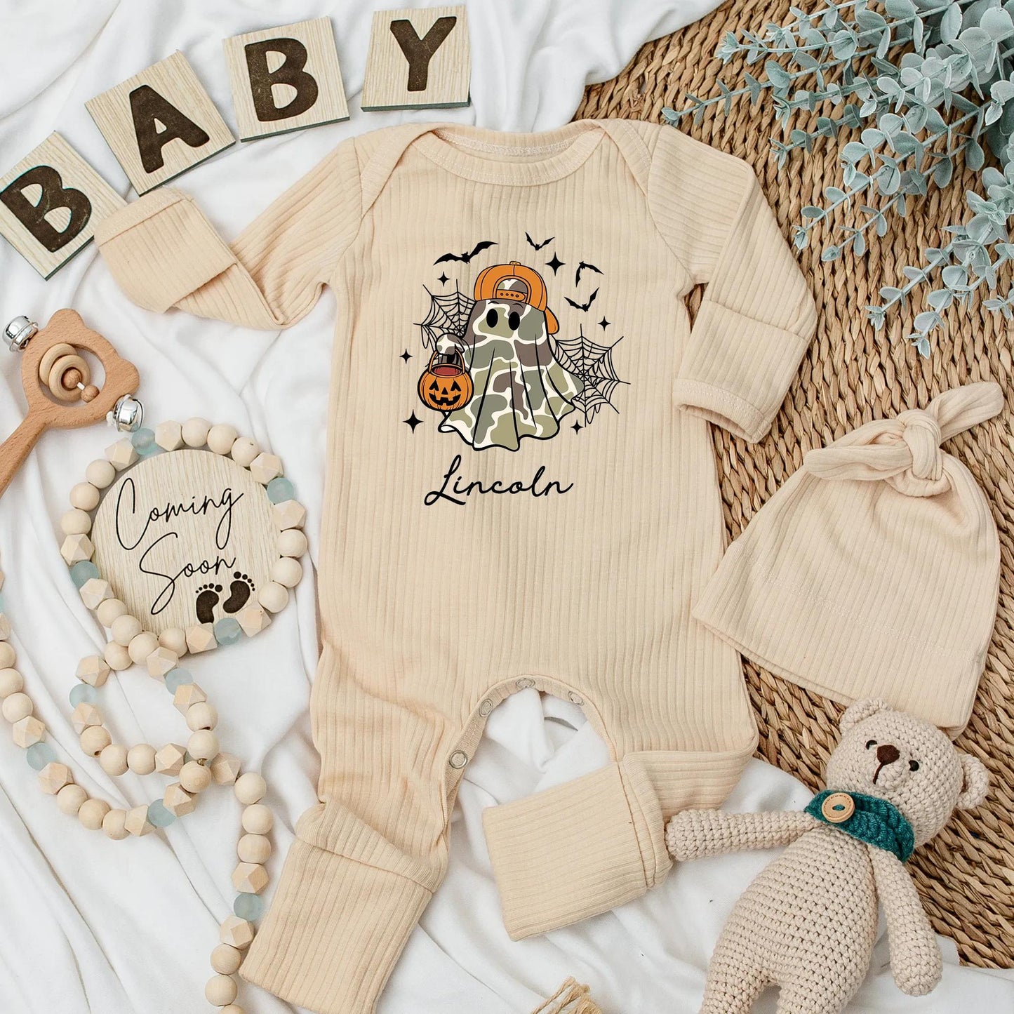 Personalized Spooky Ghost Baby Boy Bodysuit Lincoln Halloween Newborn Outfit Camo Orange Cap Jack-o-Lantern Halloween Coming Home Baby Shower Gift