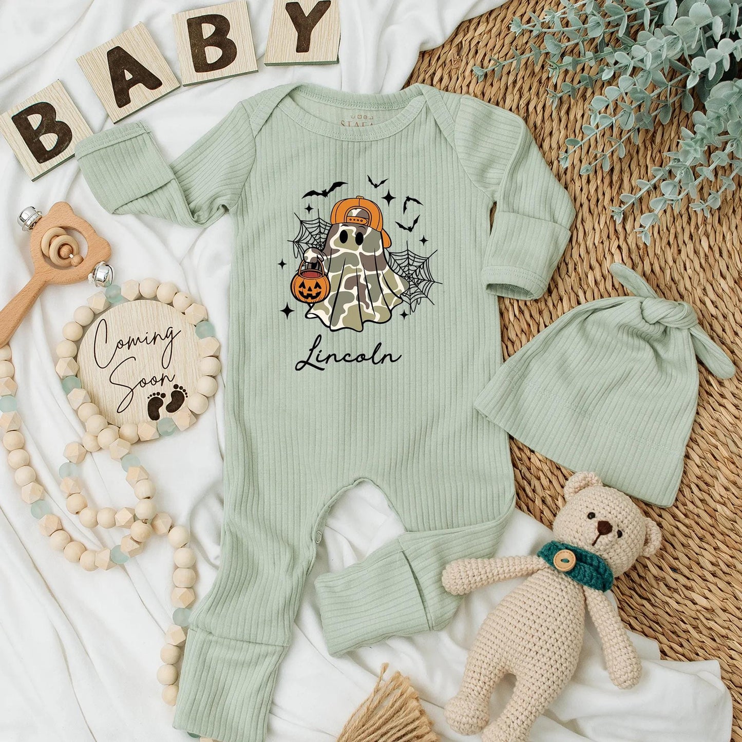 Personalized Spooky Ghost Baby Boy Bodysuit Lincoln Halloween Newborn Outfit Camo Orange Cap Jack-o-Lantern Halloween Coming Home Baby Shower Gift