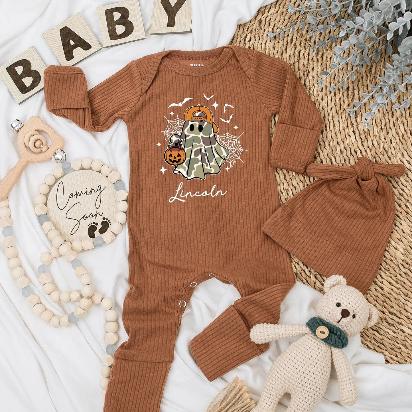 Personalized Spooky Ghost Baby Boy Bodysuit Lincoln Halloween Newborn Outfit Camo Orange Cap Jack-o-Lantern Halloween Coming Home Baby Shower Gift