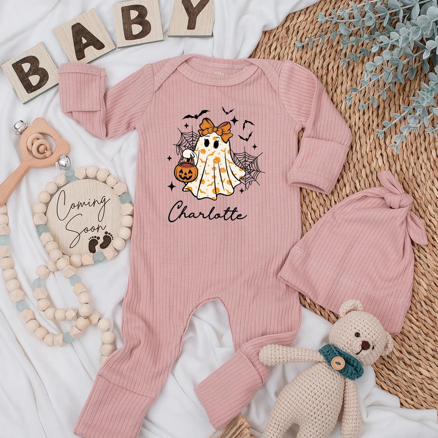 Personalized Baby Girl Halloween Bodysuit Cute Ghost with Pumpkin & Stars Charlotte Name First Halloween Outfit Baby Shower Gift Spooky Season