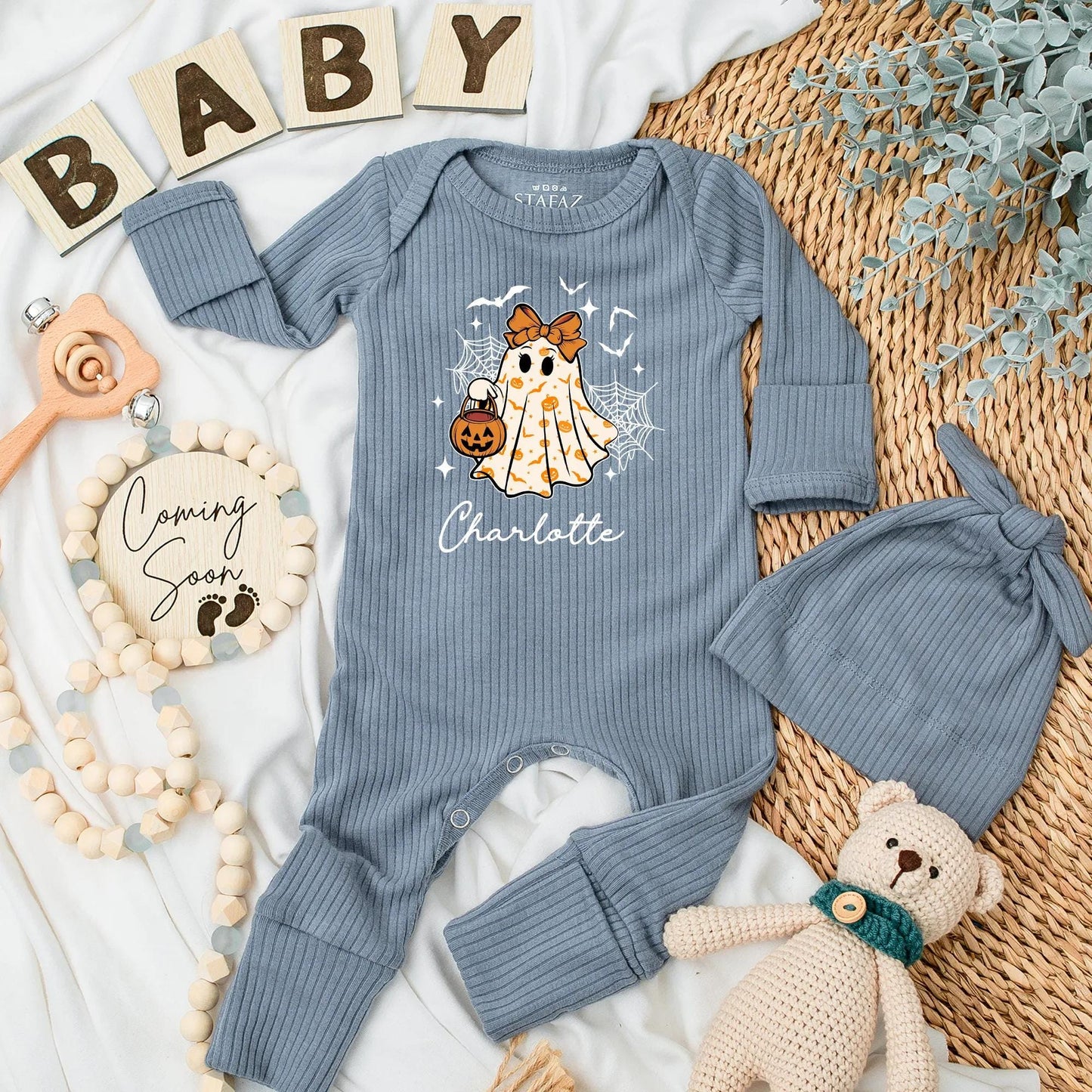Personalized Baby Girl Halloween Bodysuit Cute Ghost with Pumpkin & Stars Charlotte Name First Halloween Outfit Baby Shower Gift Spooky Season