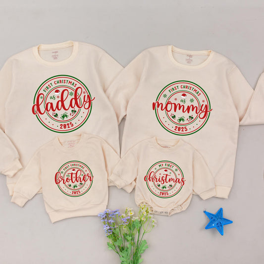 Personalized First Christmas as Mommy/Daddy Cursive Red Sweatshirt, Matching Family 2025 Holiday Outfit, Baby's First Christmas Gift