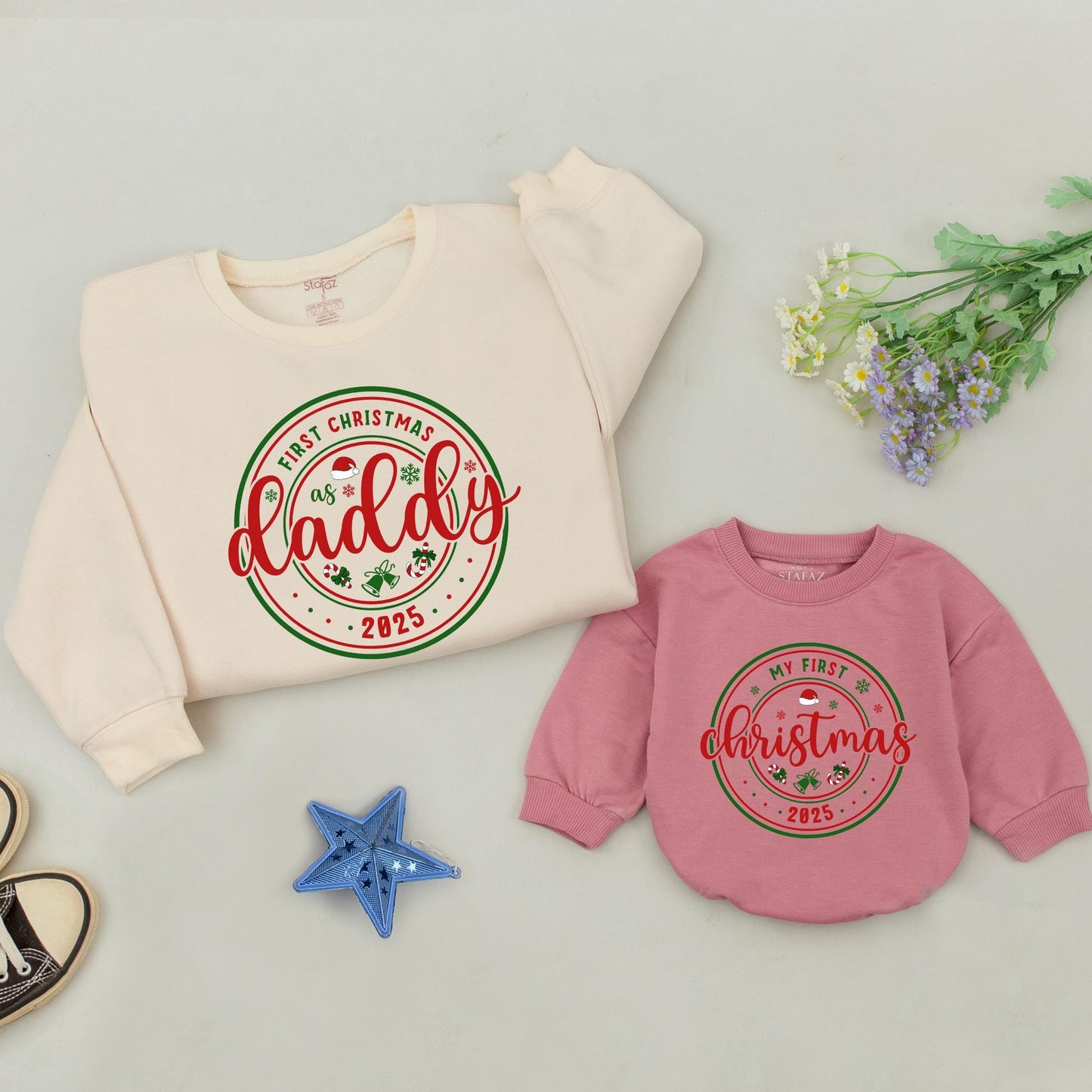 Personalized First Christmas as Mommy/Daddy Cursive Red Sweatshirt, Matching Family 2025 Holiday Outfit, Baby's First Christmas Gift