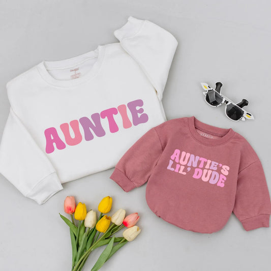Retro Auntie and Lil' Dude Matching Sweatshirts Vintage Pink Purple Gradient Outfit for New Aunt Gift Baby Shower Birthday Toddler Boy