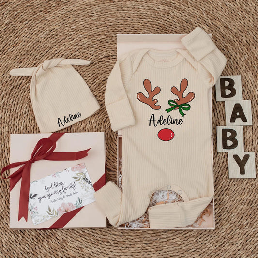 Personalized Reindeer Baby Girl Bodysuit My First Christmas Newborn Outfit with Cute Antler Name Design, Baby Shower Gift