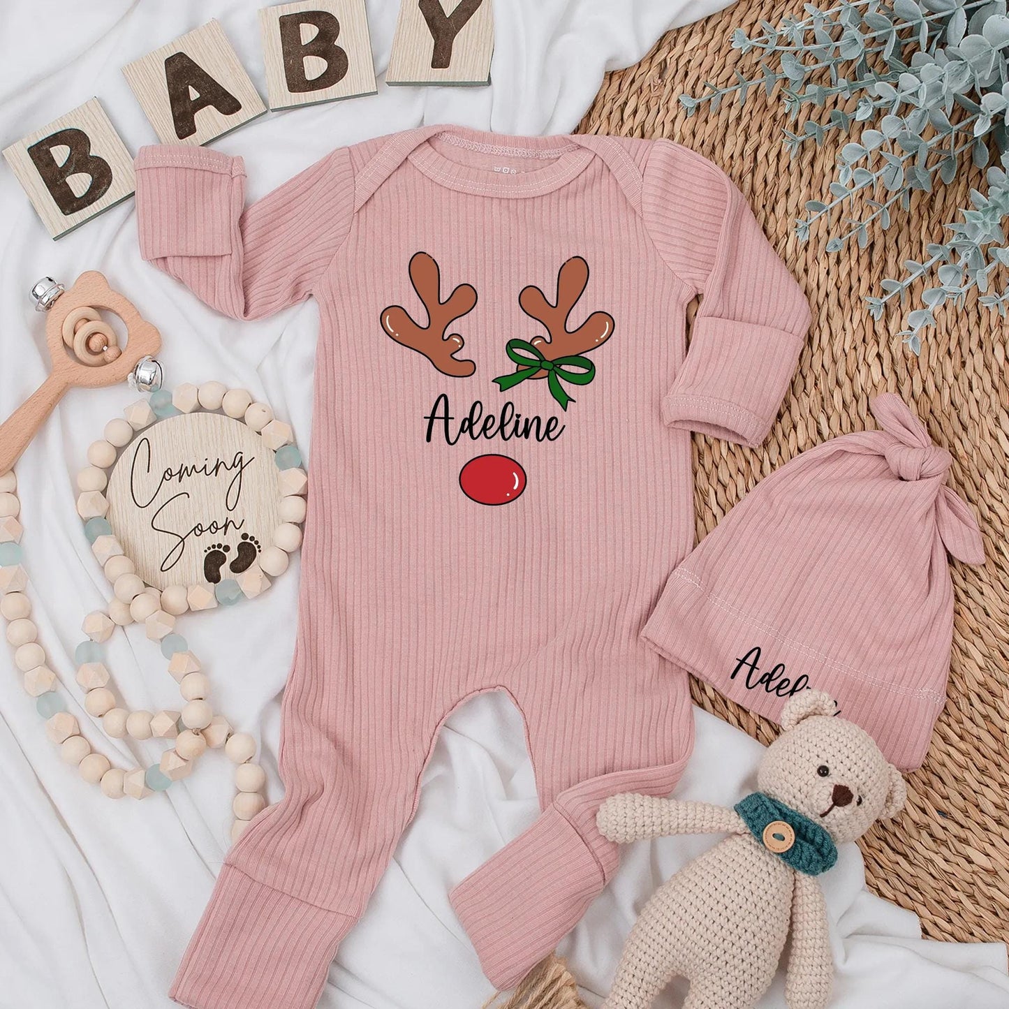 Personalized Reindeer Baby Girl Bodysuit My First Christmas Newborn Outfit with Cute Antler Name Design, Baby Shower Gift
