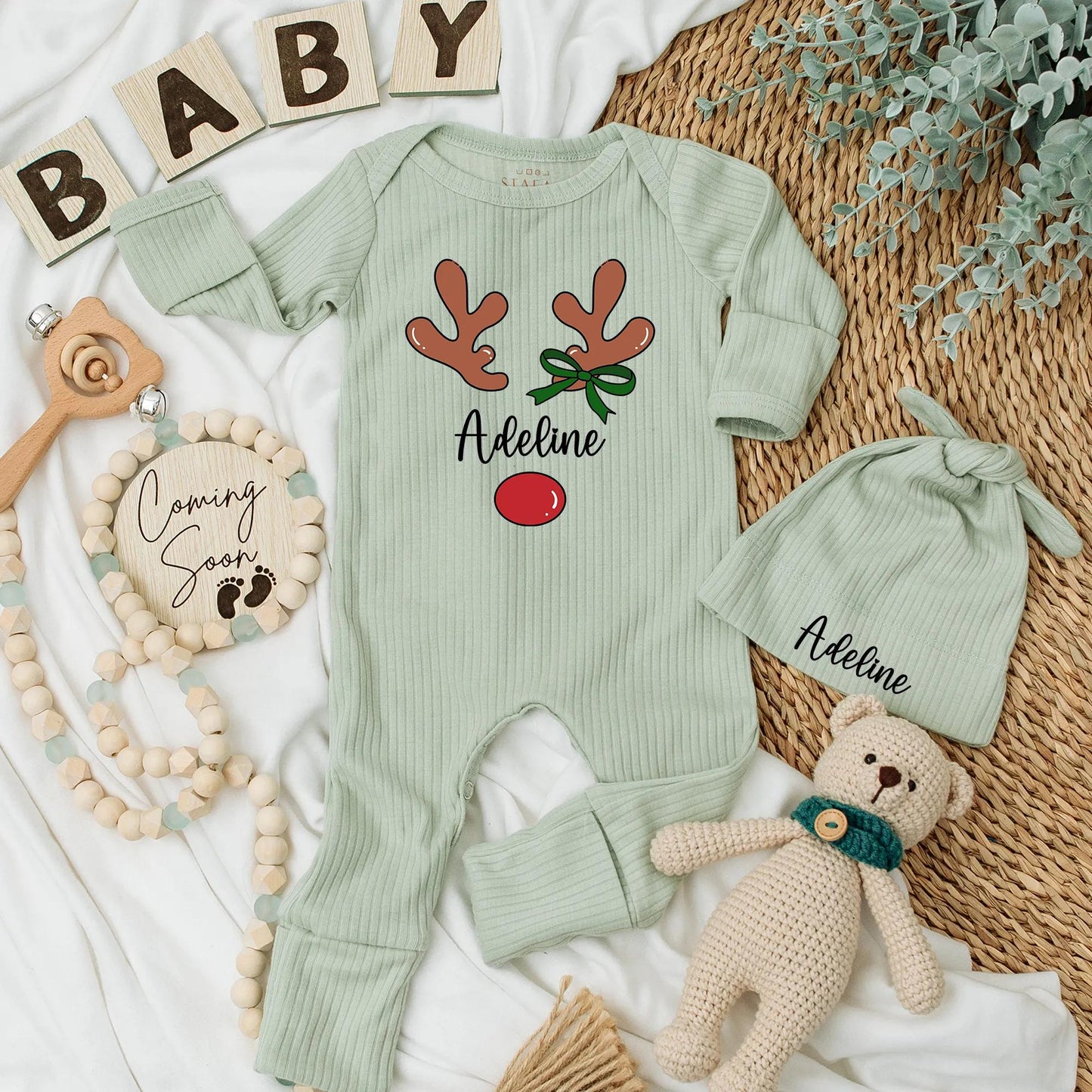 Personalized Reindeer Baby Girl Bodysuit My First Christmas Newborn Outfit with Cute Antler Name Design, Baby Shower Gift