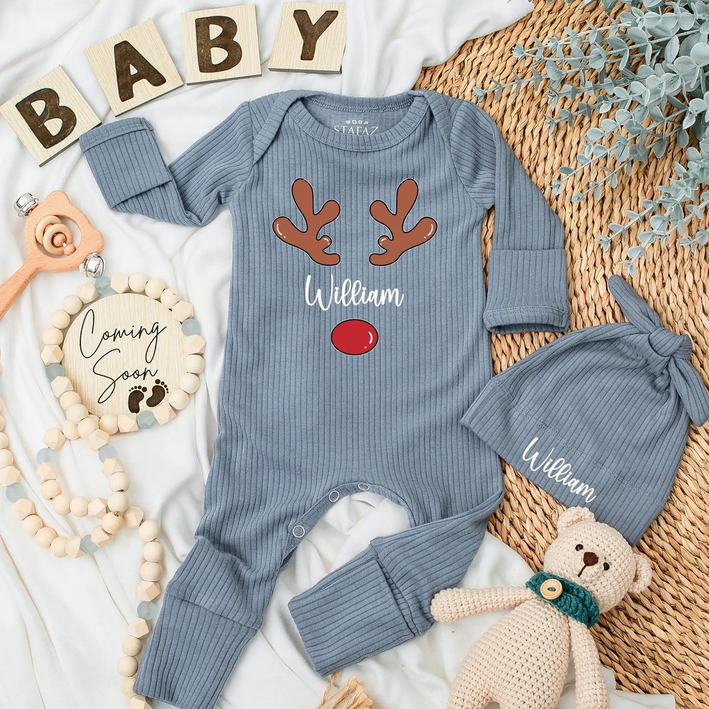 Personalized Baby Boy Reindeer Bodysuit My 1st Christmas Outfit Cute Black Cursive Name Red Nose Festive Newborn Gift Idea