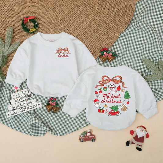 Personalized My First Christmas Bubble Romper Baby Girl adorable holiday outfit with festive bow snowman Santa tree graphics for a precious Christmas photo memory