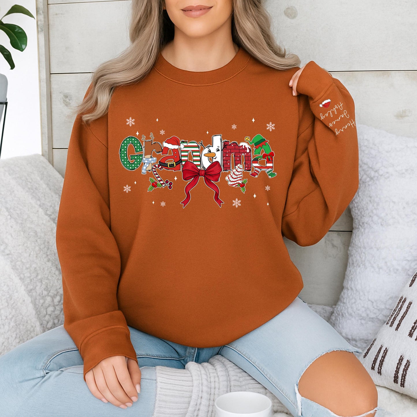 Custom Christmas Grandma Sweater with Grandkids Names on Sleeve Festive Santa Hat Snowman Candy Cane Design Gift for Nana