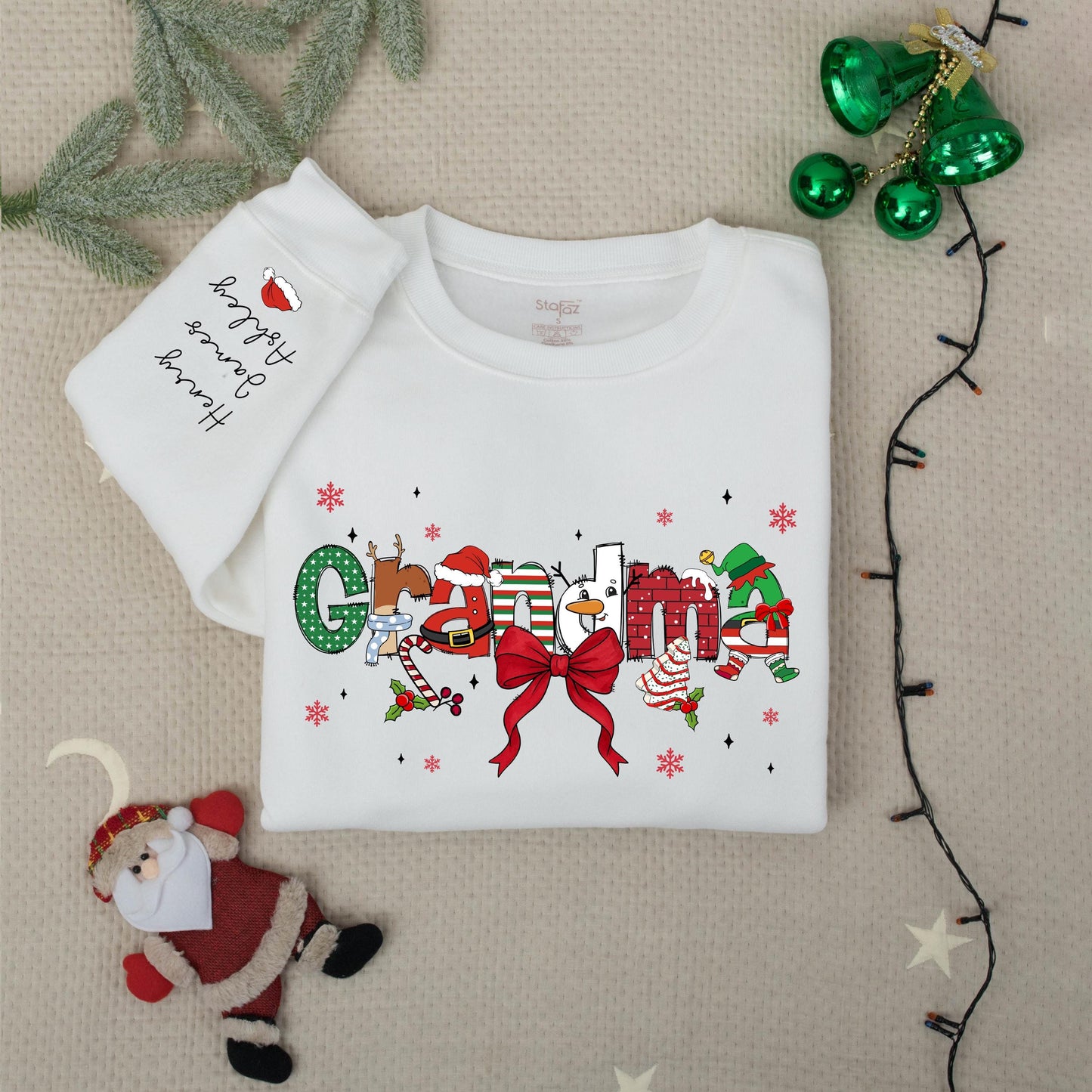 Custom Christmas Grandma Sweater with Grandkids Names on Sleeve Festive Santa Hat Snowman Candy Cane Design Gift for Nana