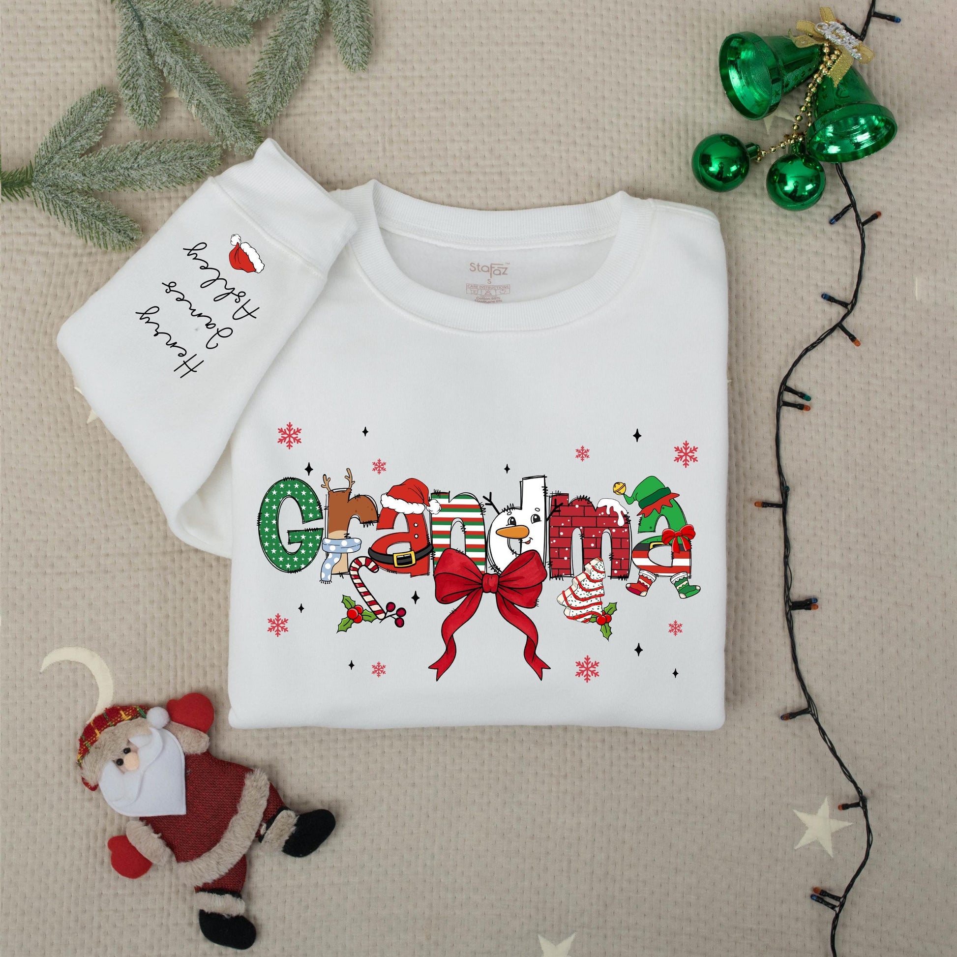 Custom Christmas Grandma Sweater with Grandkids Names on Sleeve Festive Santa Hat Snowman Candy Cane Design Gift for Nana