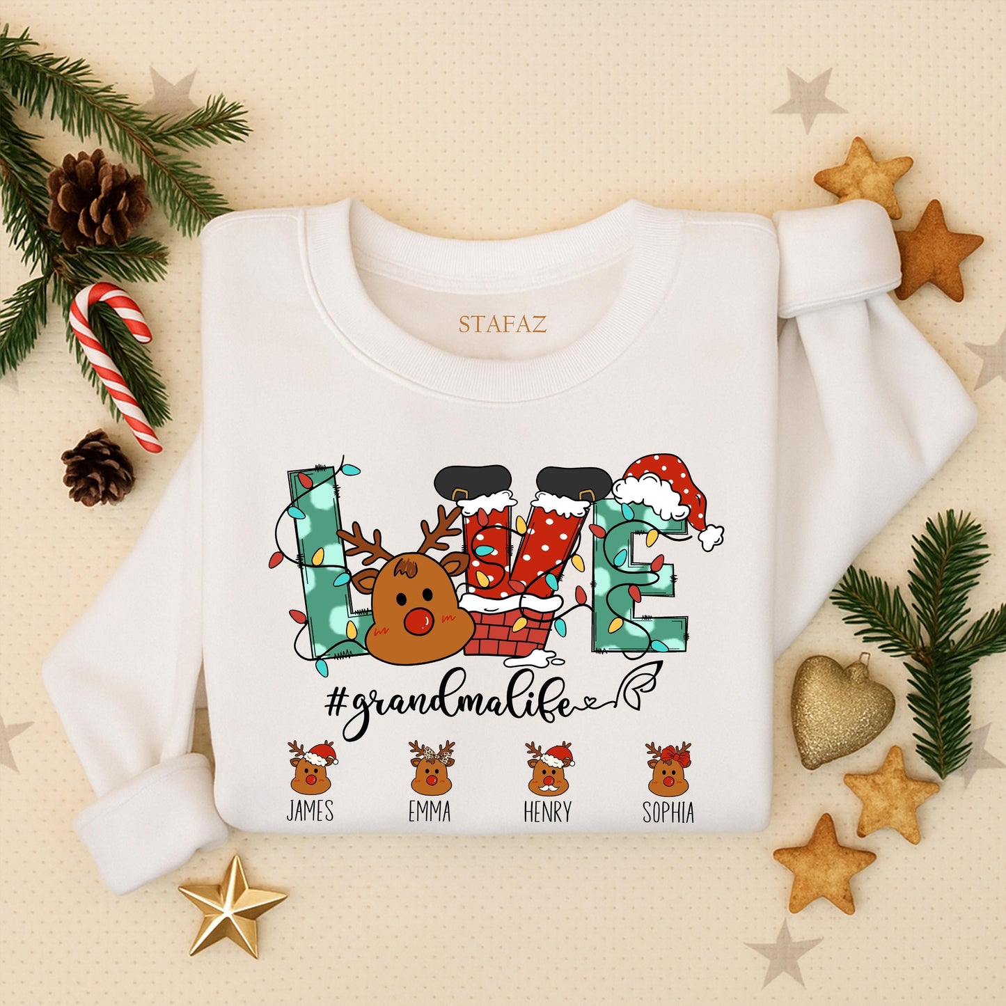 Custom Christmas Grandma Sweatshirt with Reindeer Love Letters Grandkid Names Festive Holiday Sweater Featuring Santa Hat & Stockings #GrandmaLife