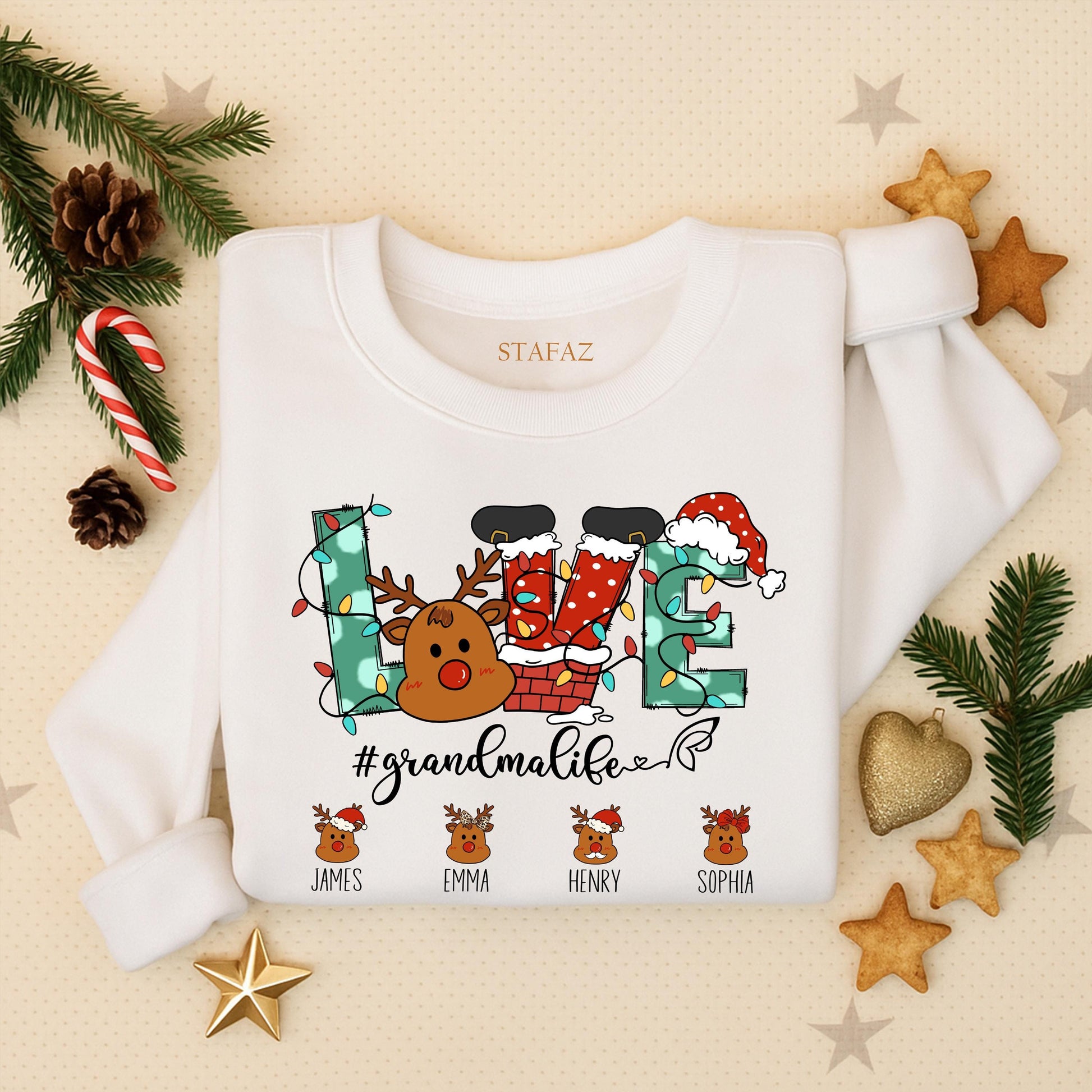 Custom Christmas Grandma Sweatshirt with Reindeer Love Letters Grandkid Names Festive Holiday Sweater Featuring Santa Hat & Stockings #GrandmaLife