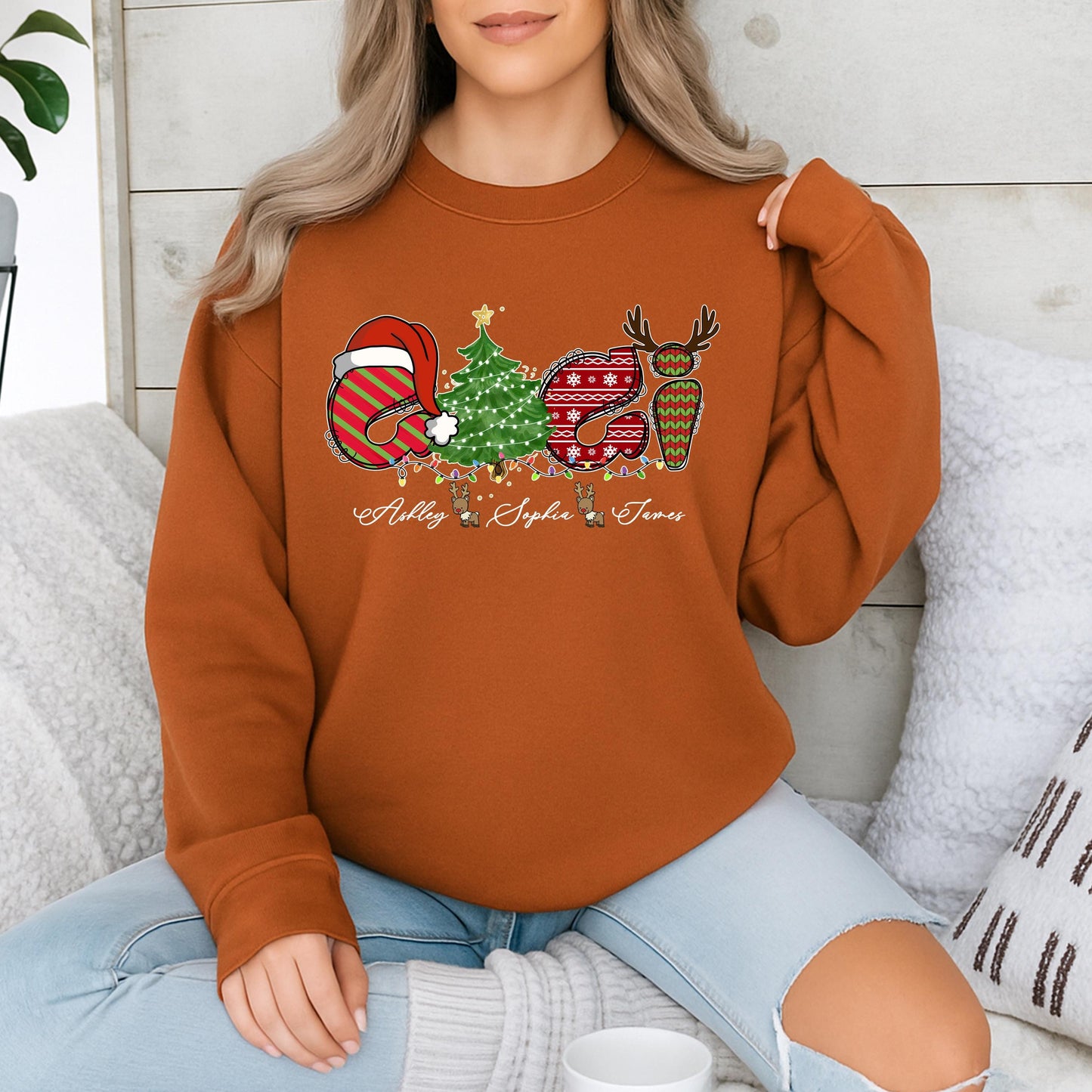 Custom GiGi Claus Christmas Sweatshirt with Grandkids Names Ashley, Sophia, James, Festive Holiday Gift for Grandma, Nana Xmas Sweater
