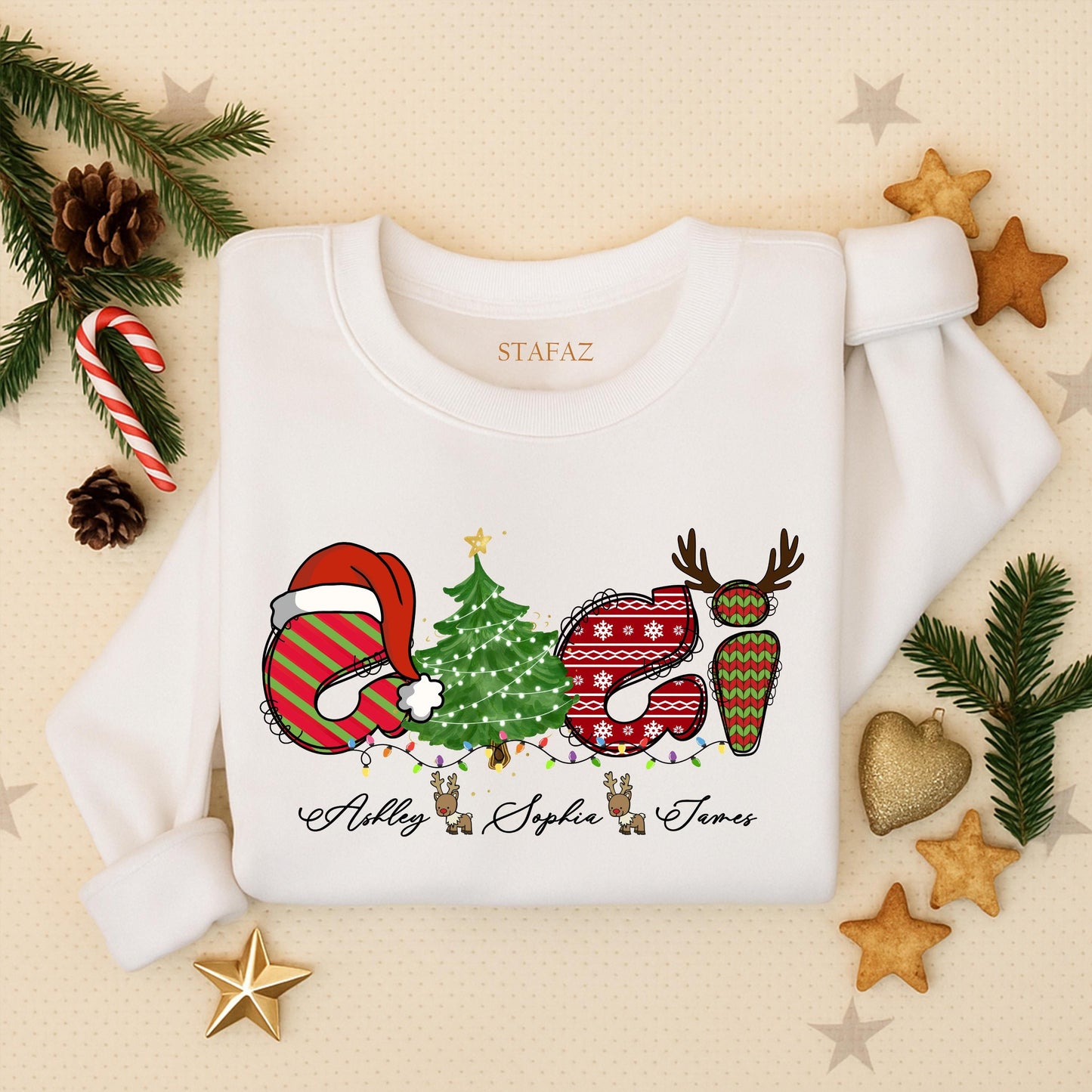 Custom GiGi Claus Christmas Sweatshirt with Grandkids Names Ashley, Sophia, James, Festive Holiday Gift for Grandma, Nana Xmas Sweater