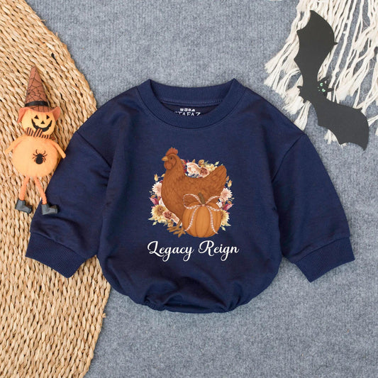 Hen & Pumpkin Thanksgiving Baby Romper, Fall Farm Girl Outfit with Bow, Autumn Infant Clothes, Legacy Reign Bodysuit, Rustic Shower Gift, 139 Chars