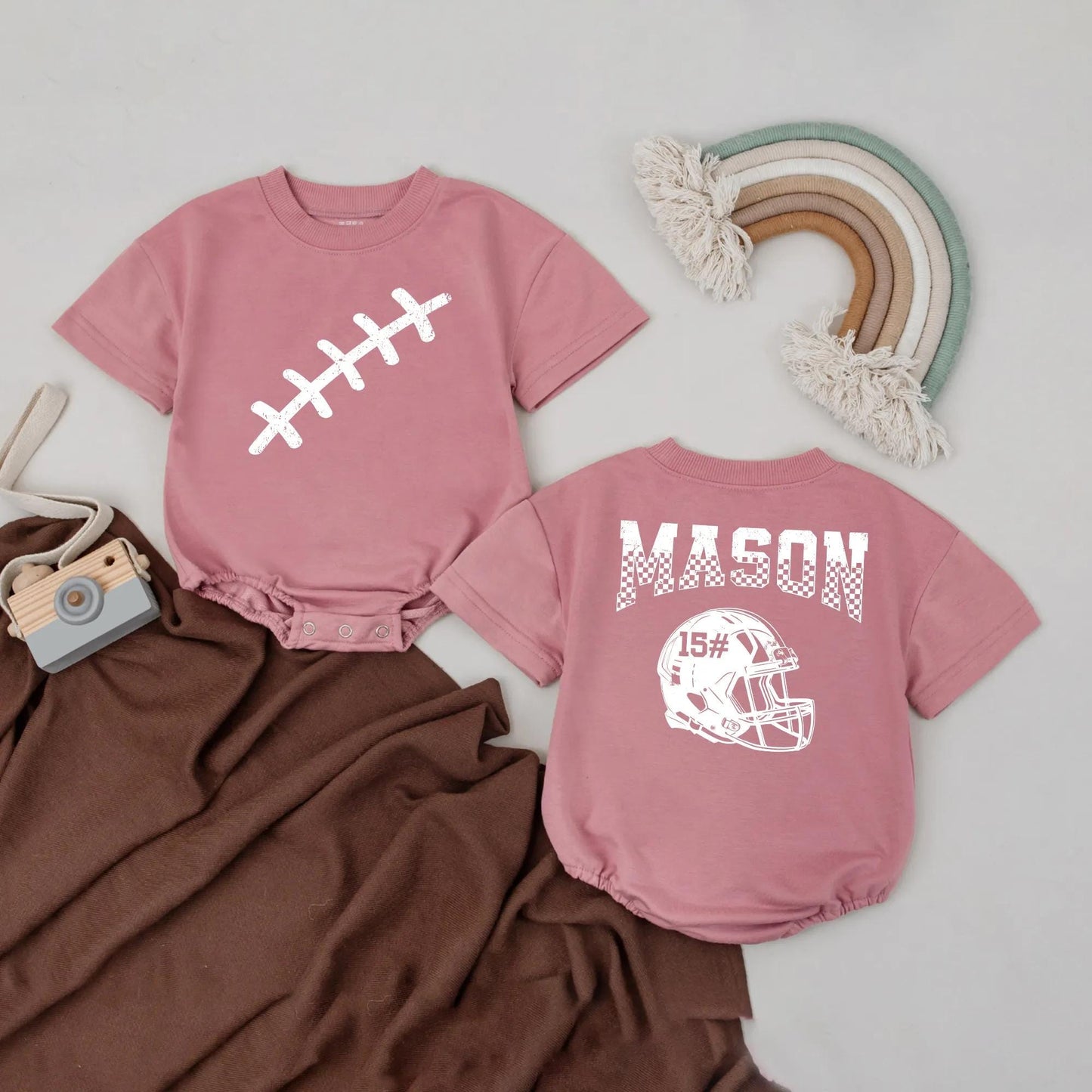Mason Football Romper Custom Name & Number Baby Boy Outfit Game Day Birthday Gift | First Birthday Baby Bodysuit 15